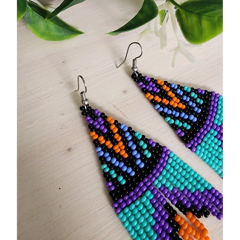 Handmade Seed Bead Fringe Earrings Boho Tribal Geometric Dangle Purple Teal New - Picture 2 of 5